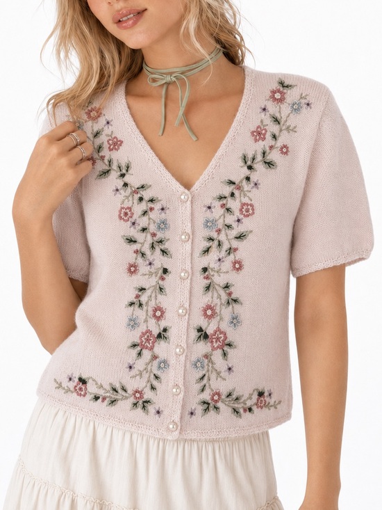 Carolyn Taylor Sweaters - Carolyn Taylor Cottagecore Floral Embroidered Pearl Button Cardigan Sweater M